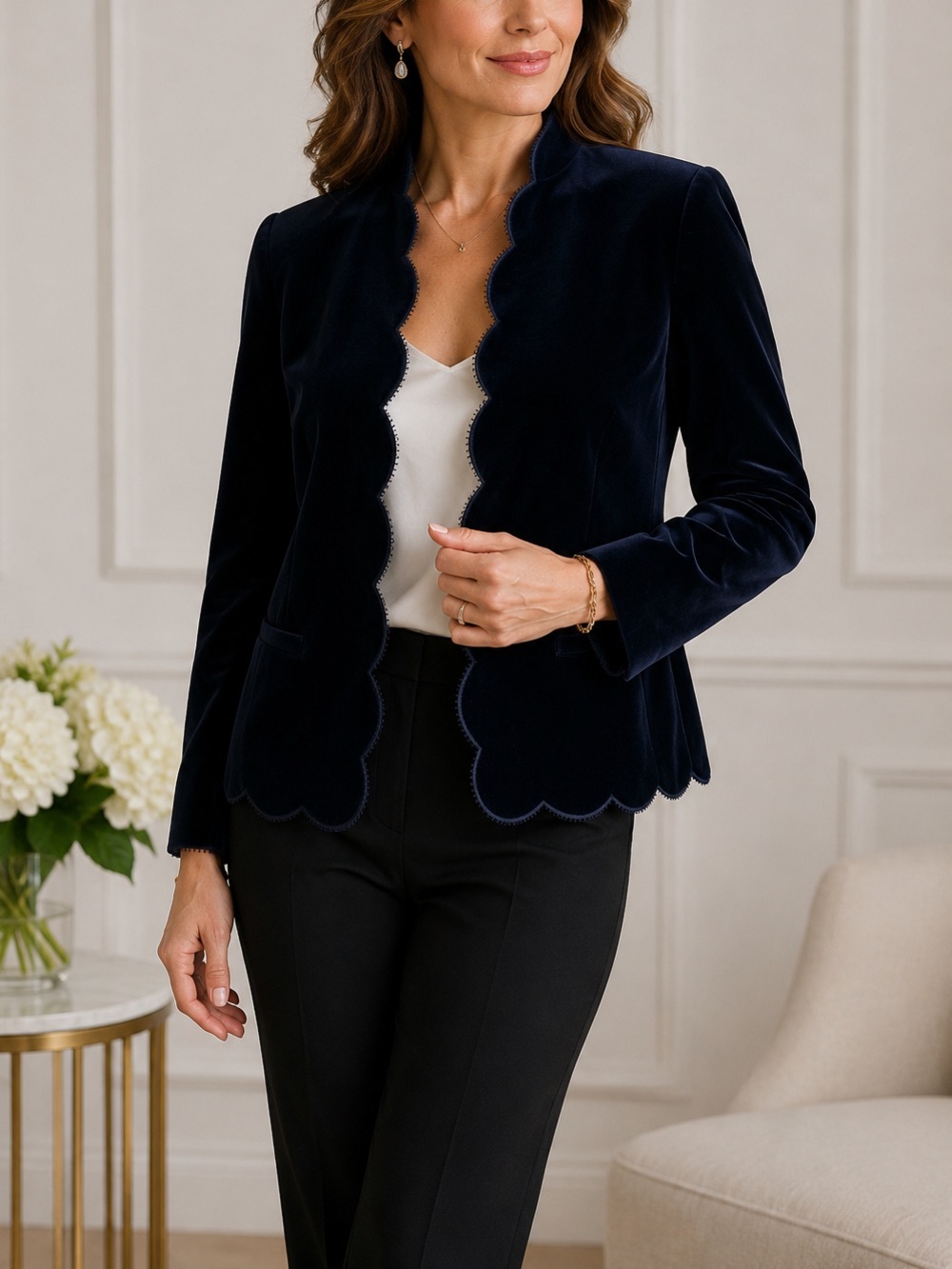 Vintage Act III Navy Velvet Scalloped Jacket USA Made Open Front Size M Blazer